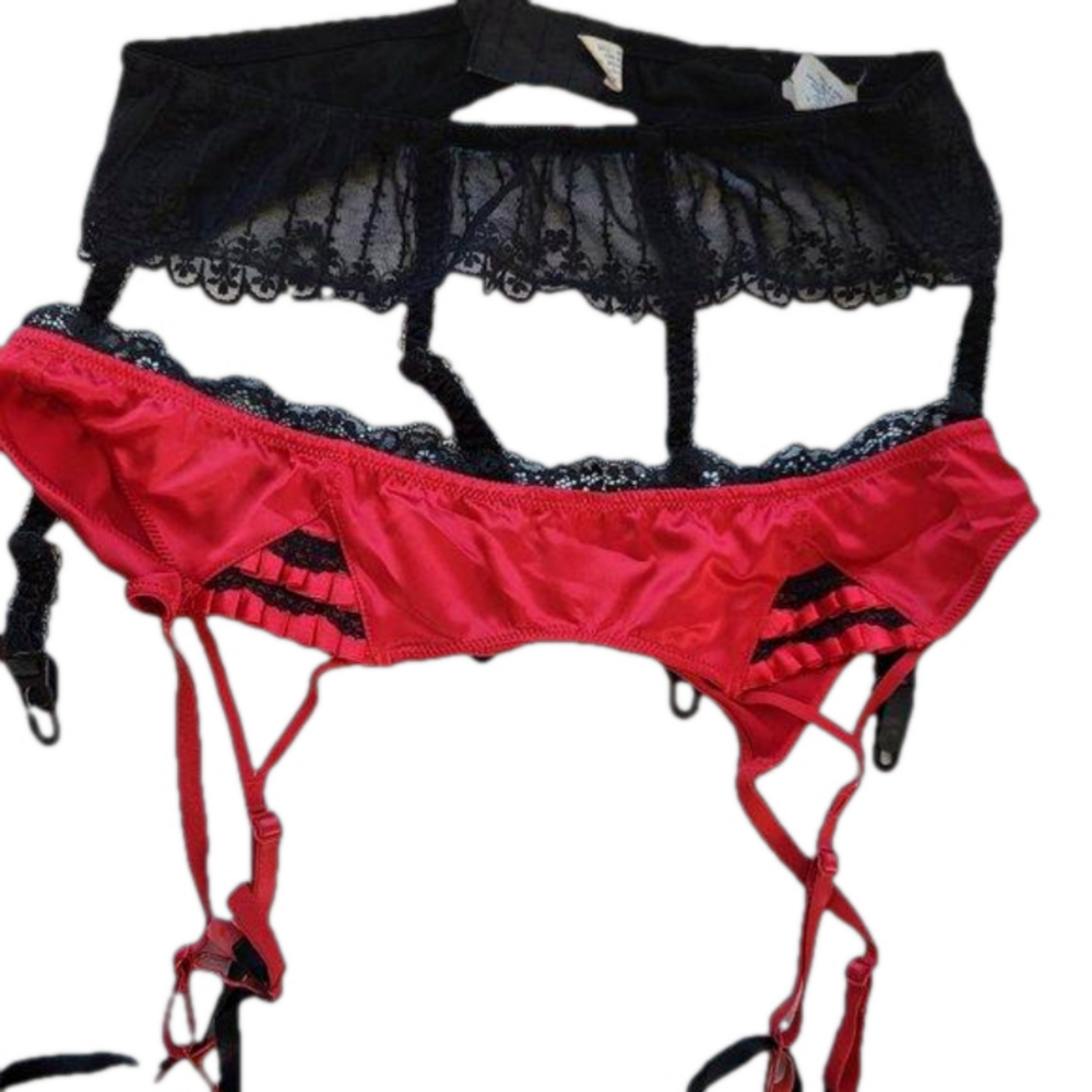 2 Sexy Garter Belts, 1 Red/Black Satin w/ Black Lace Trim, 1 Lacy Black; Sz M